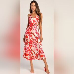 Lulus Coral Multi Floral Print Midi Dress, Size S